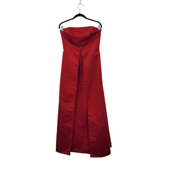 Red Satin Strapless Evening Gown Sz 12 Formal Dress Beaded Caped Skirt Prom Gala - Picture 12 of 12
